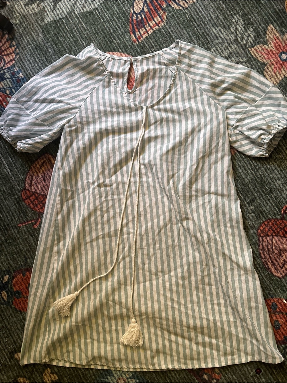 Striped Puff-Sleeve Peasant Top - White and Light Green